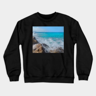 Rocky beach horizon, On the rocks, ocean waves surfing the rocks of a splashing dashing restless Caribbean Sea Crewneck Sweatshirt